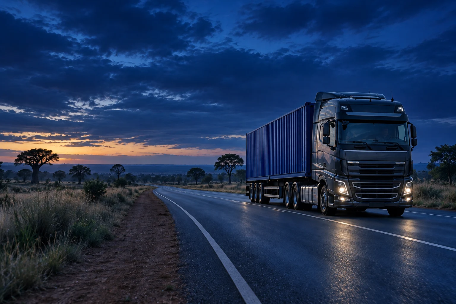 Illustration d’un camion sur une route de savane au soleil couchant